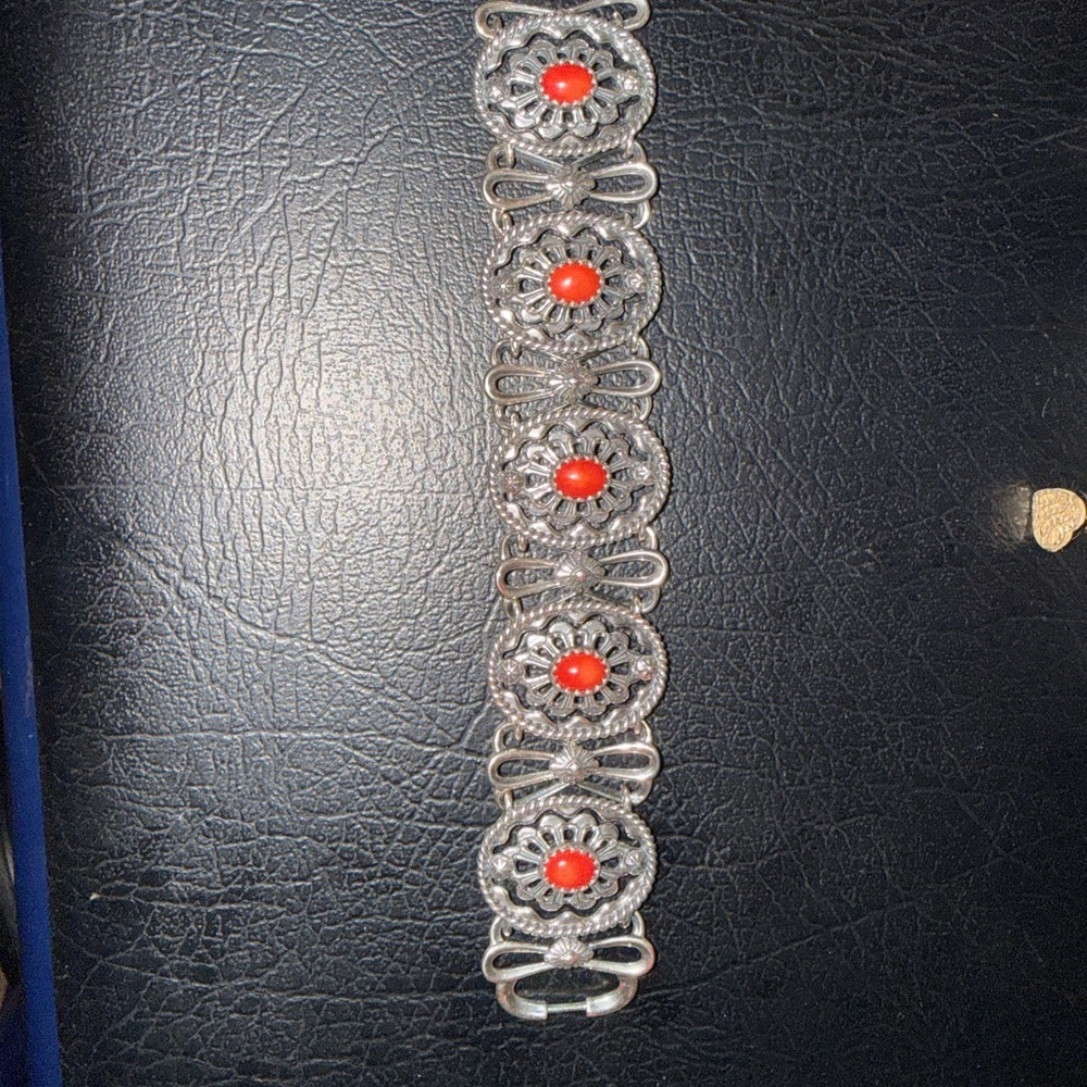 Silver and Red Coral filagree Bracelet Sterling Silver 925 - Picture 2 of 12